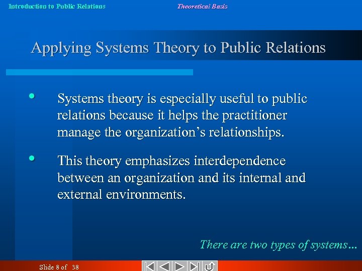 Introduction to Public Relations Theoretical Basis Applying Systems Theory to Public Relations • Systems
