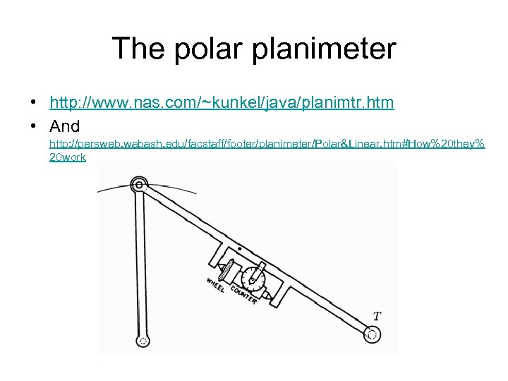 The polar planimeter • http: //www. nas. com/~kunkel/java/planimtr. htm • And http: //persweb. wabash.