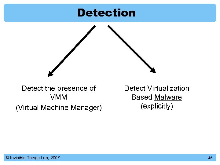 Detection Detect the presence of VMM (Virtual Machine Manager) © Invisible Things Lab, 2007