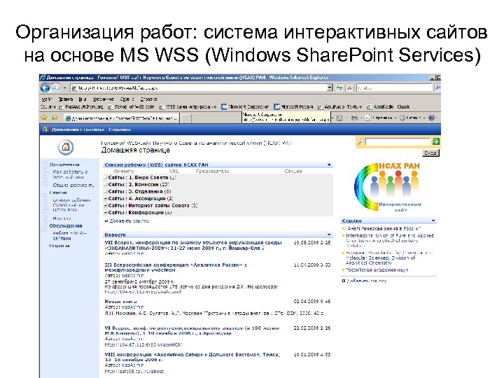 Организация работ: cистема интерактивных сайтов на основе MS WSS (Windows Share. Point Services) 