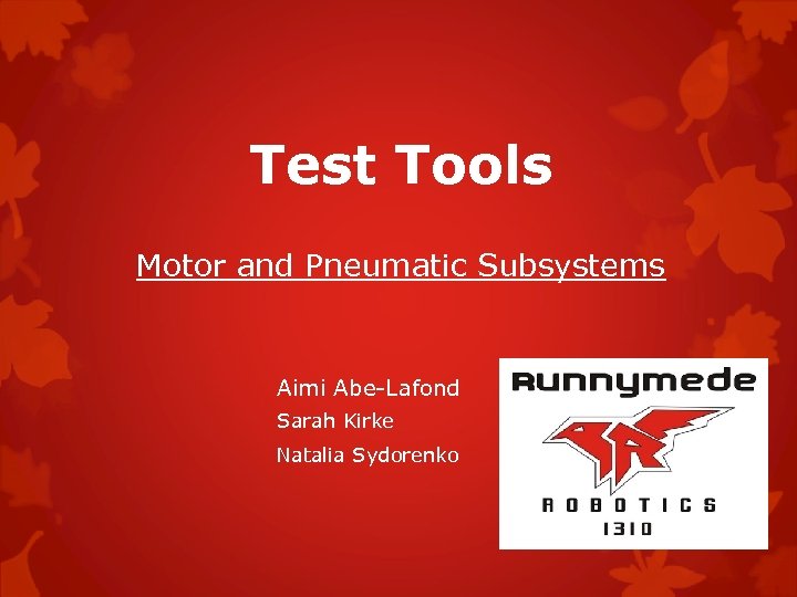 Test Tools Motor and Pneumatic Subsystems Aimi Abe-Lafond Sarah Kirke Natalia Sydorenko 