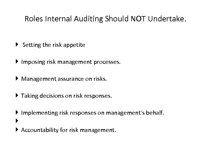 Roles Internal Auditing Should NOT Undertake. Setting the risk appetite Imposing risk management processes.