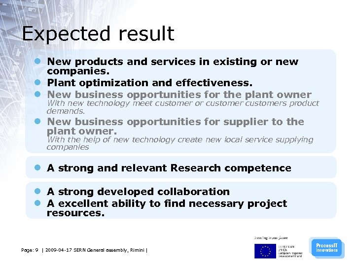 Expected result ● ● New products and services in existing or new companies. Plant