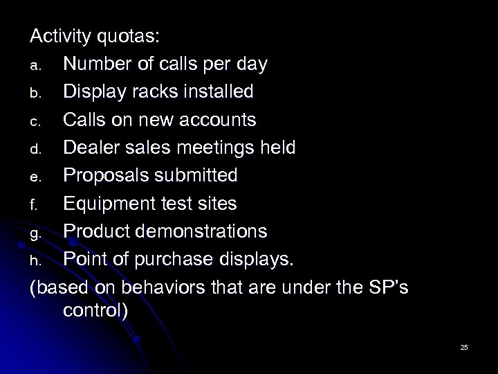 Activity quotas: a. Number of calls per day b. Display racks installed c. Calls