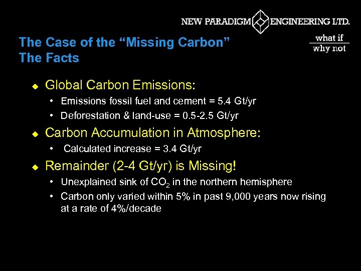 The Case of the “Missing Carbon” The Facts u Global Carbon Emissions: • Emissions