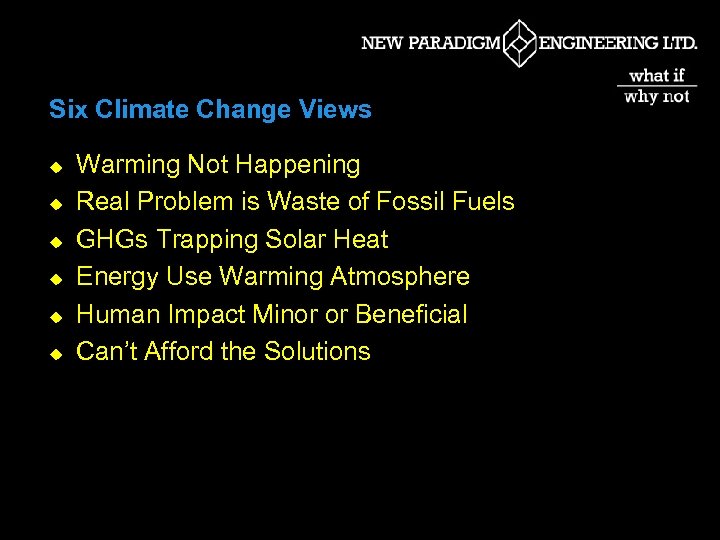 Six Climate Change Views u u u Warming Not Happening Real Problem is Waste