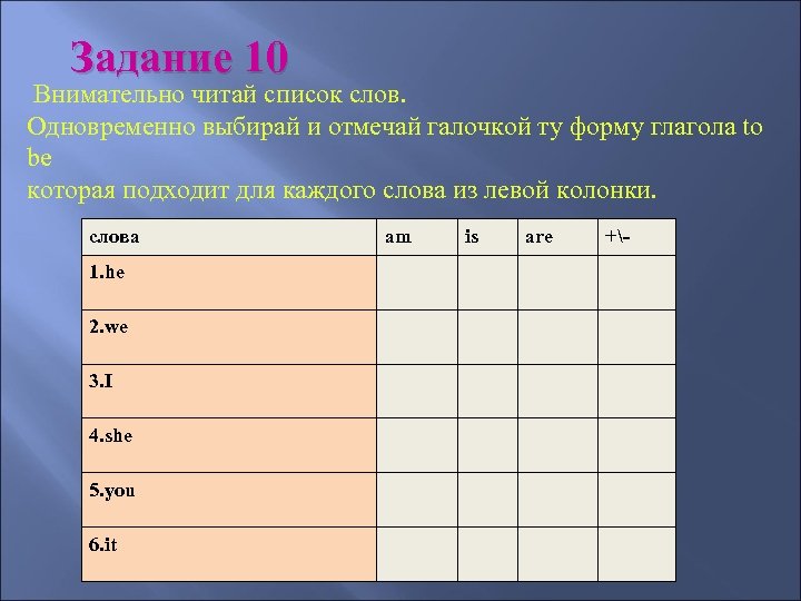 Задание 10 Внимательно читай список слов. Одновременно выбирай и отмечай галочкой ту форму глагола