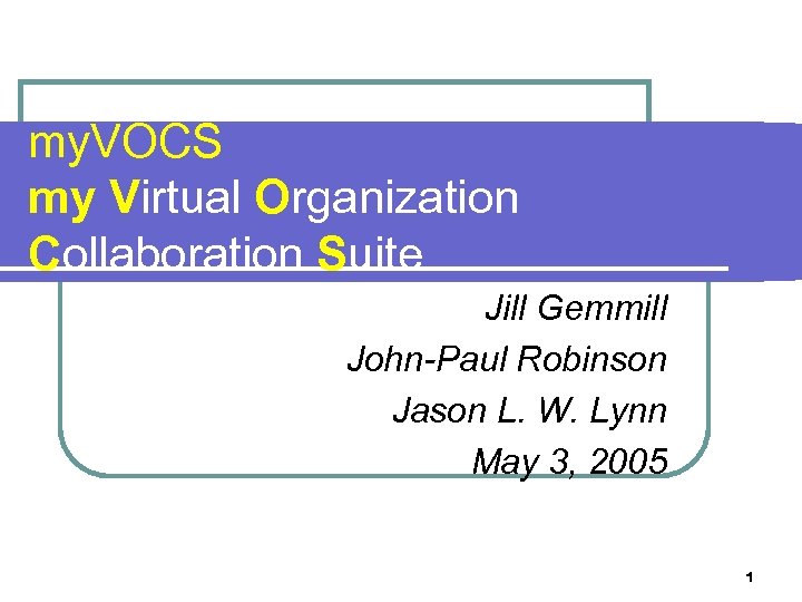 my. VOCS my Virtual Organization Collaboration Suite Jill Gemmill John-Paul Robinson Jason L. W.