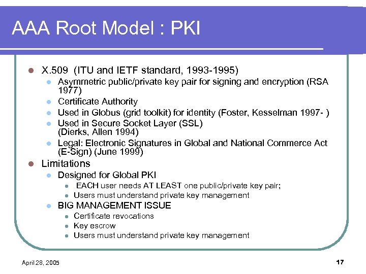 AAA Root Model : PKI l X. 509 (ITU and IETF standard, 1993 -1995)