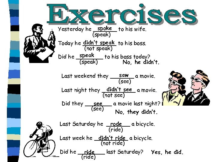 spoke Yesterday he _______ to his wife. (speak) didn’t speak Today he _____ to