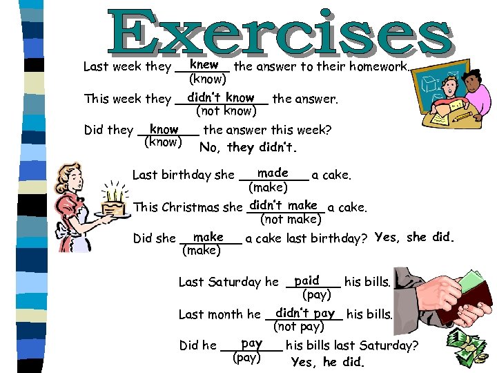 knew Last week they _______ the answer to their homework. (know) didn’t know This