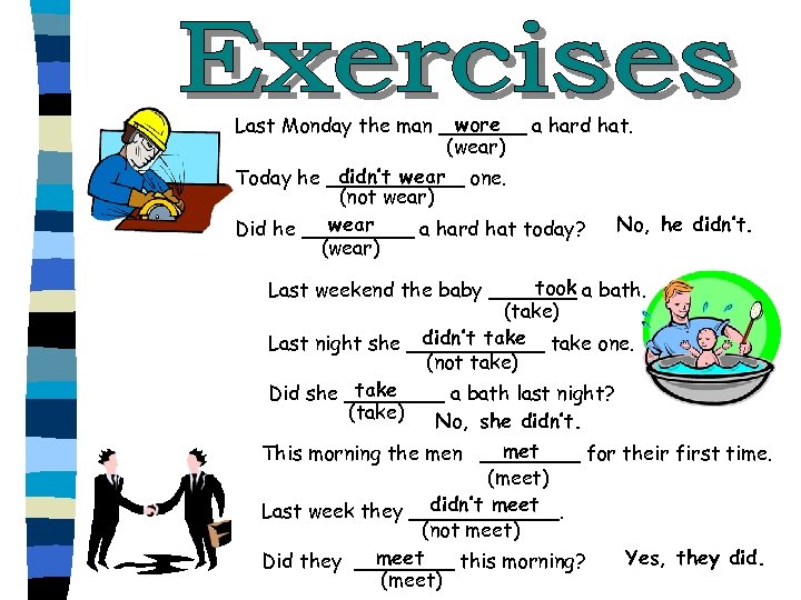 wore Last Monday the man _______ a hard hat. (wear) didn’t wear Today he