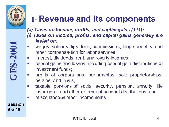 GFS-2001 I- Revenue and its components (a) Taxes on Income, profits, and capital gains