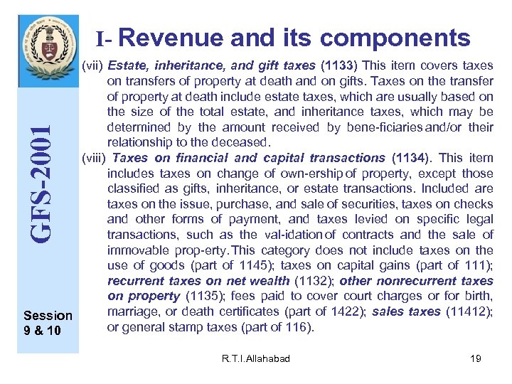 I- Revenue and its components GFS-2001 (vii) Estate, inheritance, and gift taxes (1133) This