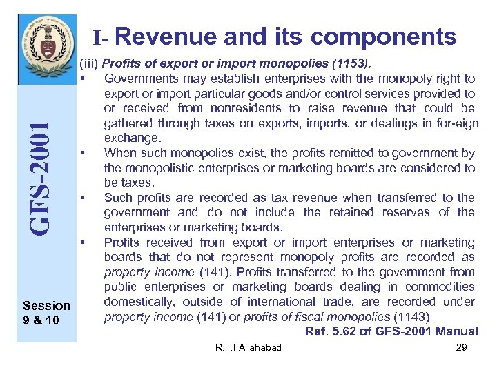 I- Revenue and its components GFS-2001 (iii) Profits of export or import monopolies (1153).