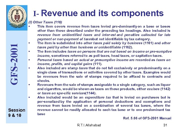 GFS-2001 I- Revenue and its components Session 9 & 10 (f) Other Taxes (116)