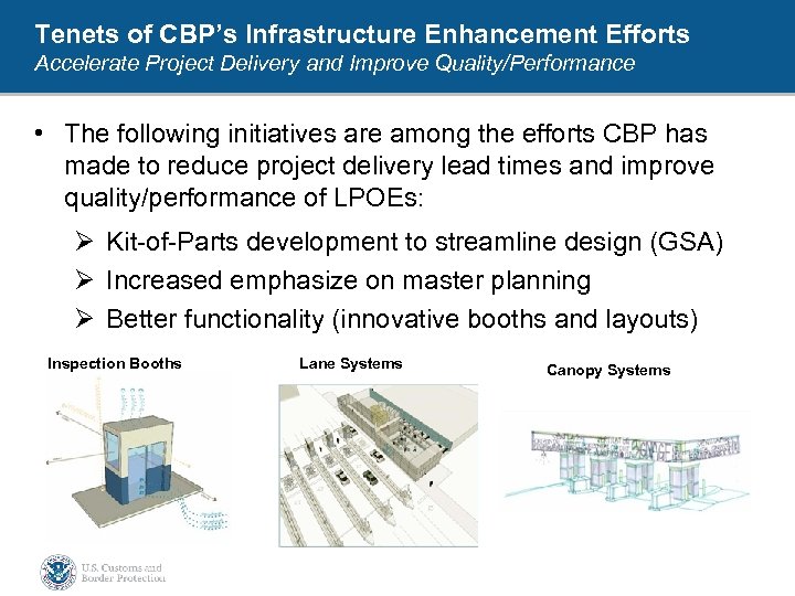 Tenets of CBP’s Infrastructure Enhancement Efforts Accelerate Project Delivery and Improve Quality/Performance • The