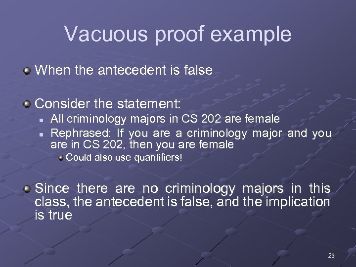 Vacuous proof example When the antecedent is false Consider the statement: n n All