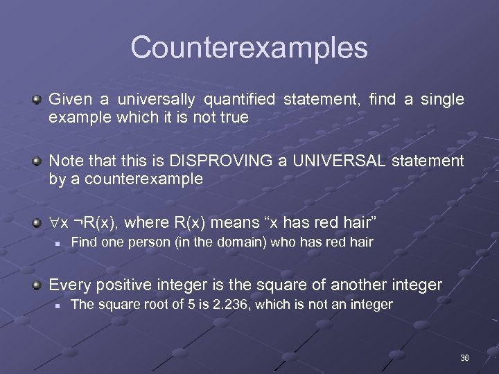 Counterexamples Given a universally quantified statement, find a single example which it is not