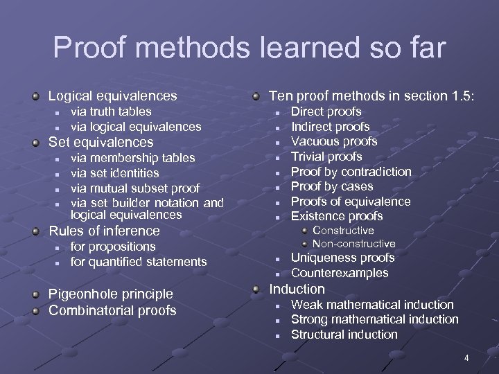 Proof methods learned so far Logical equivalences n n via truth tables via logical