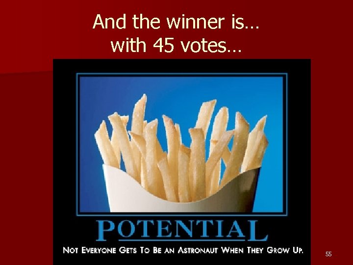 And the winner is… with 45 votes… 55 