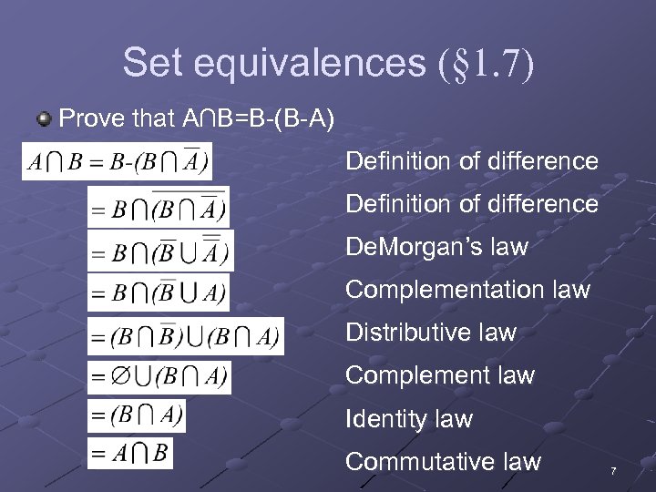 Set equivalences (§ 1. 7) Prove that A∩B=B-(B-A) Definition of difference De. Morgan’s law