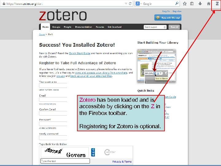 Zotero has been loaded and is accessible by clicking on the Z in the
