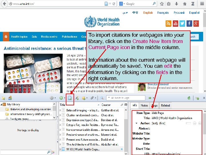 To import citations for webpages into your library, click on the Create New Item