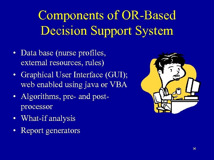 Components of OR-Based Decision Support System • Data base (nurse profiles, external resources, rules)