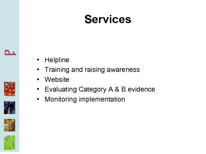 Services • • • Helpline Training and raising awareness Website Evaluating Category A &