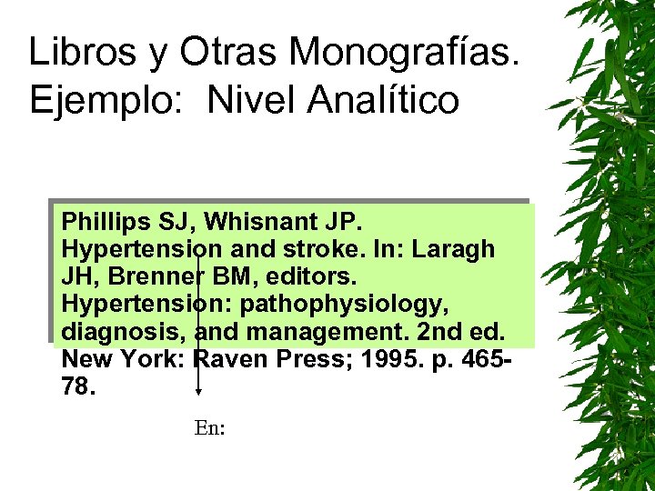 Libros y Otras Monografías. Ejemplo: Nivel Analítico Phillips SJ, Whisnant JP. Hypertension and stroke.