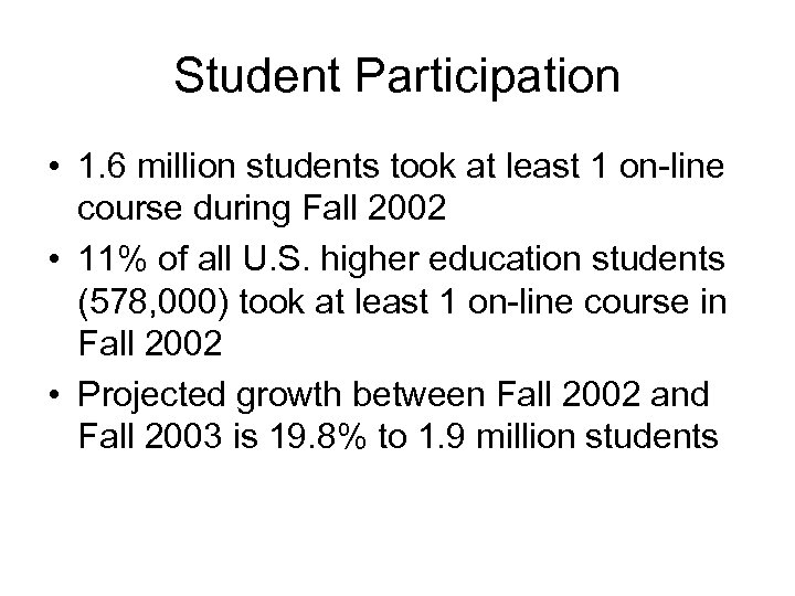 Student Participation • 1. 6 million students took at least 1 on-line course during