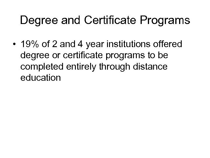 Degree and Certificate Programs • 19% of 2 and 4 year institutions offered degree