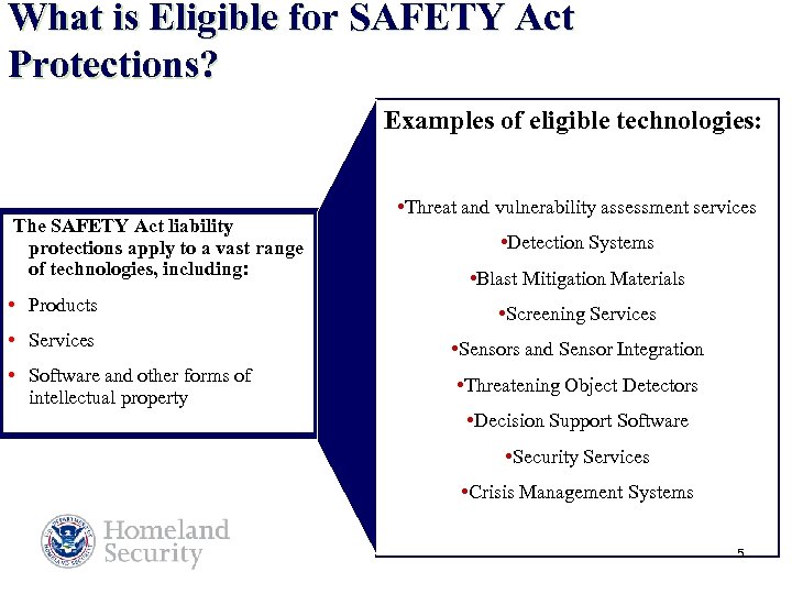 What is Eligible for SAFETY Act Protections? Examples of eligible technologies: The SAFETY Act