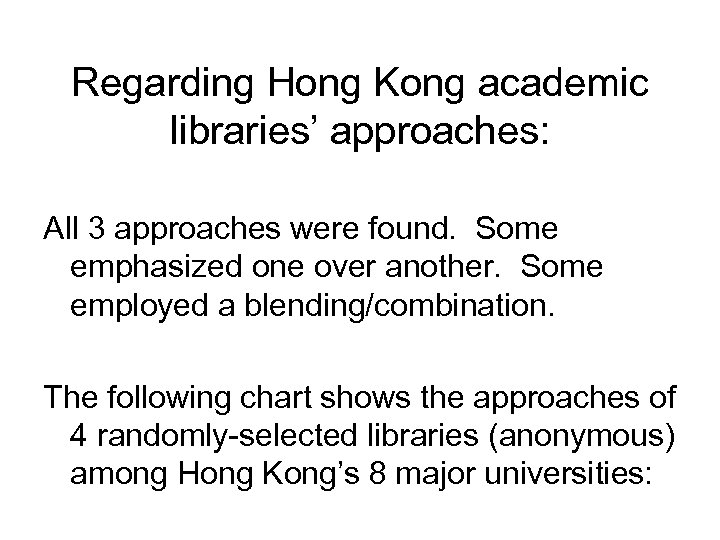 Regarding Hong Kong academic libraries’ approaches: All 3 approaches were found. Some emphasized one