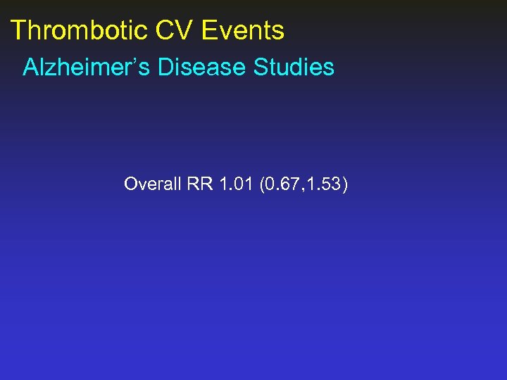 Thrombotic CV Events Alzheimer’s Disease Studies Overall RR 1. 01 (0. 67, 1. 53)