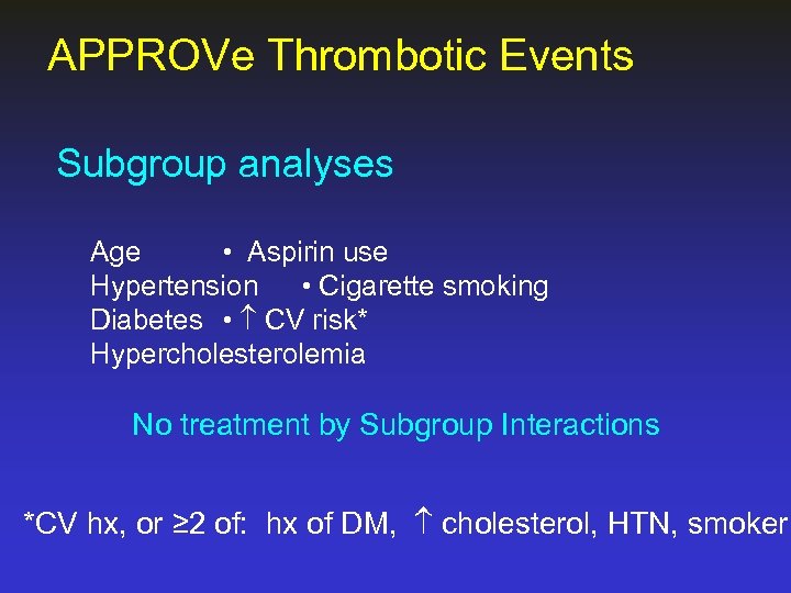 APPROVe Thrombotic Events Subgroup analyses Age • Aspirin use Hypertension • Cigarette smoking Diabetes