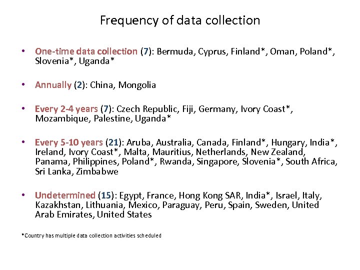 Frequency of data collection • One-time data collection (7): Bermuda, Cyprus, Finland*, Oman, Poland*,