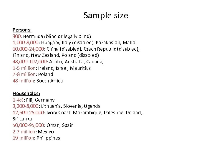 Sample size Persons: 300: Bermuda (blind or legally blind) 1, 000 -8, 000: Hungary,