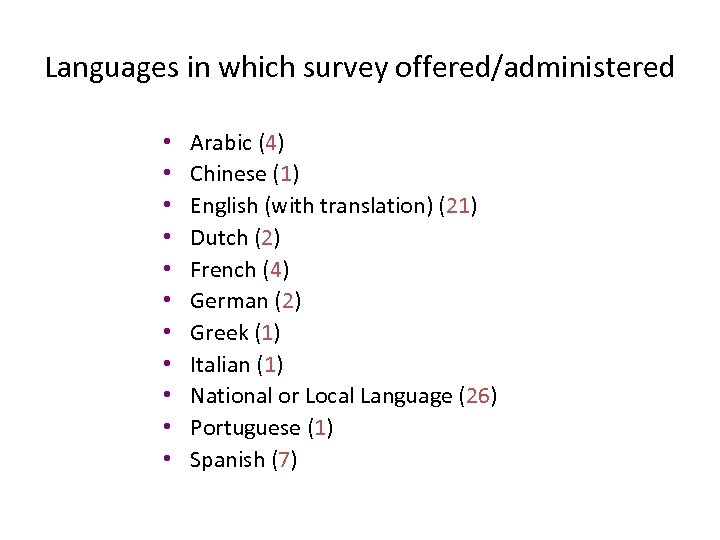 Languages in which survey offered/administered • • • Arabic (4) Chinese (1) English (with