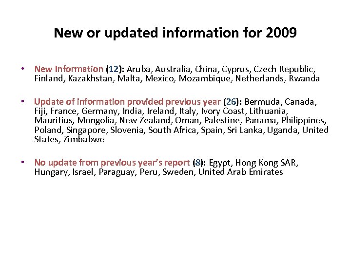 New or updated information for 2009 • New Information (12): Aruba, Australia, China, Cyprus,