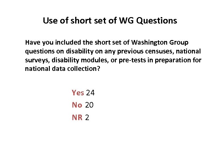 Use of short set of WG Questions Have you included the short set of