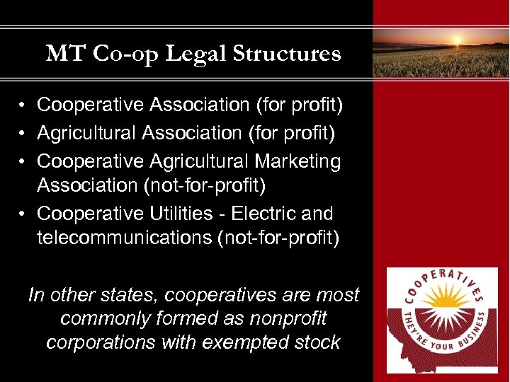 MT Co-op Legal Structures • Cooperative Association (for profit) • Agricultural Association (for profit)