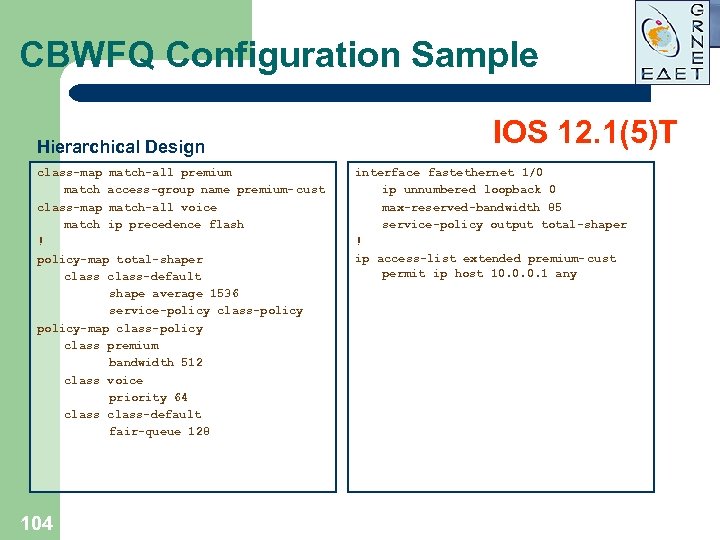 CBWFQ Configuration Sample Hierarchical Design class-map match-all premium match access-group name premium- cust class-map