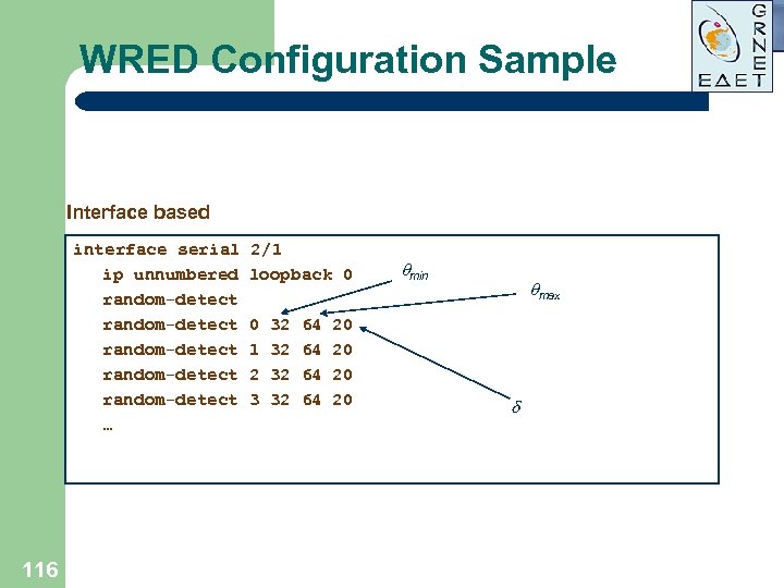 WRED Configuration Sample Interface based interface serial ip unnumbered random-detect random-detect … 116 2/1