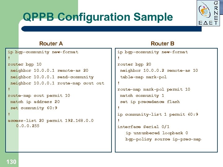 QPPB Configuration Sample Router A ip bgp-community new-format ! router bgp 10 neighbor 10.