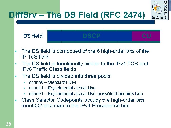 Diff. Srv – The DS Field (RFC 2474) DS field § § § 28