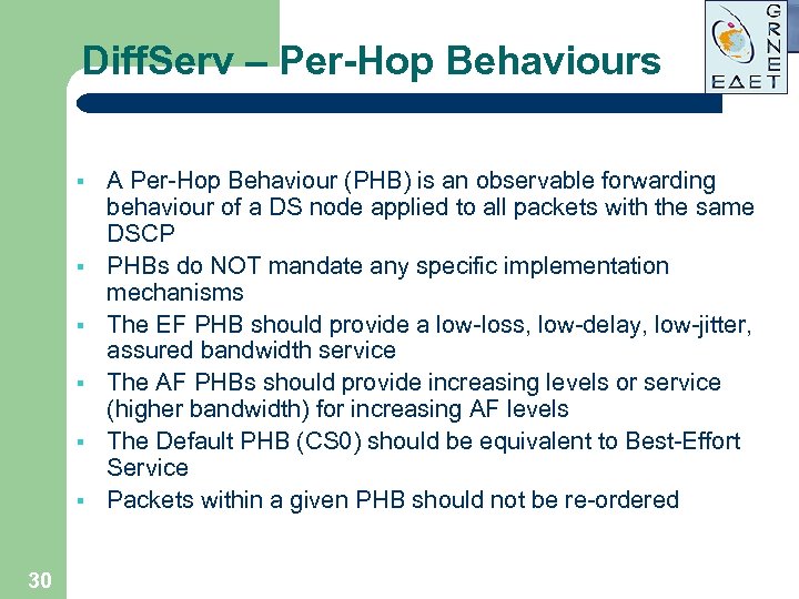 Diff. Serv – Per-Hop Behaviours § § § 30 A Per-Hop Behaviour (PHB) is