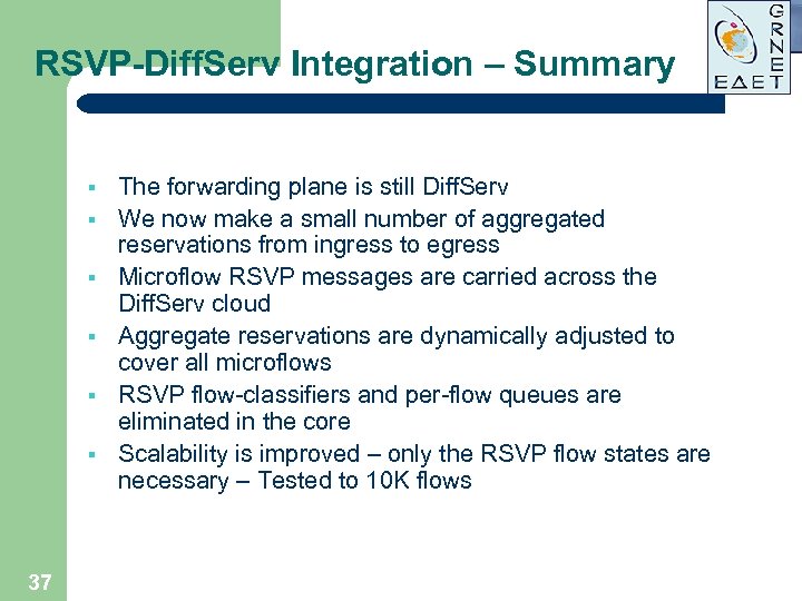 RSVP-Diff. Serv Integration – Summary § § § 37 The forwarding plane is still